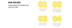 Company Values The values are to Lead with Positivity, Cultivate inclusivity, and Be Someone that company and culture
