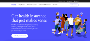 Homepage of the Oscar Health website features a diverse group of people interacting against a blue background - healthcare websites