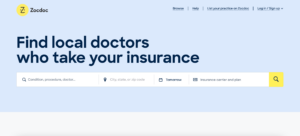 Zocdoc homepage with a search bar and options to find doctors who take your insurance