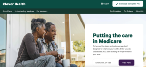 Clover Health homepage with putting the care in medicare - healthcare websites