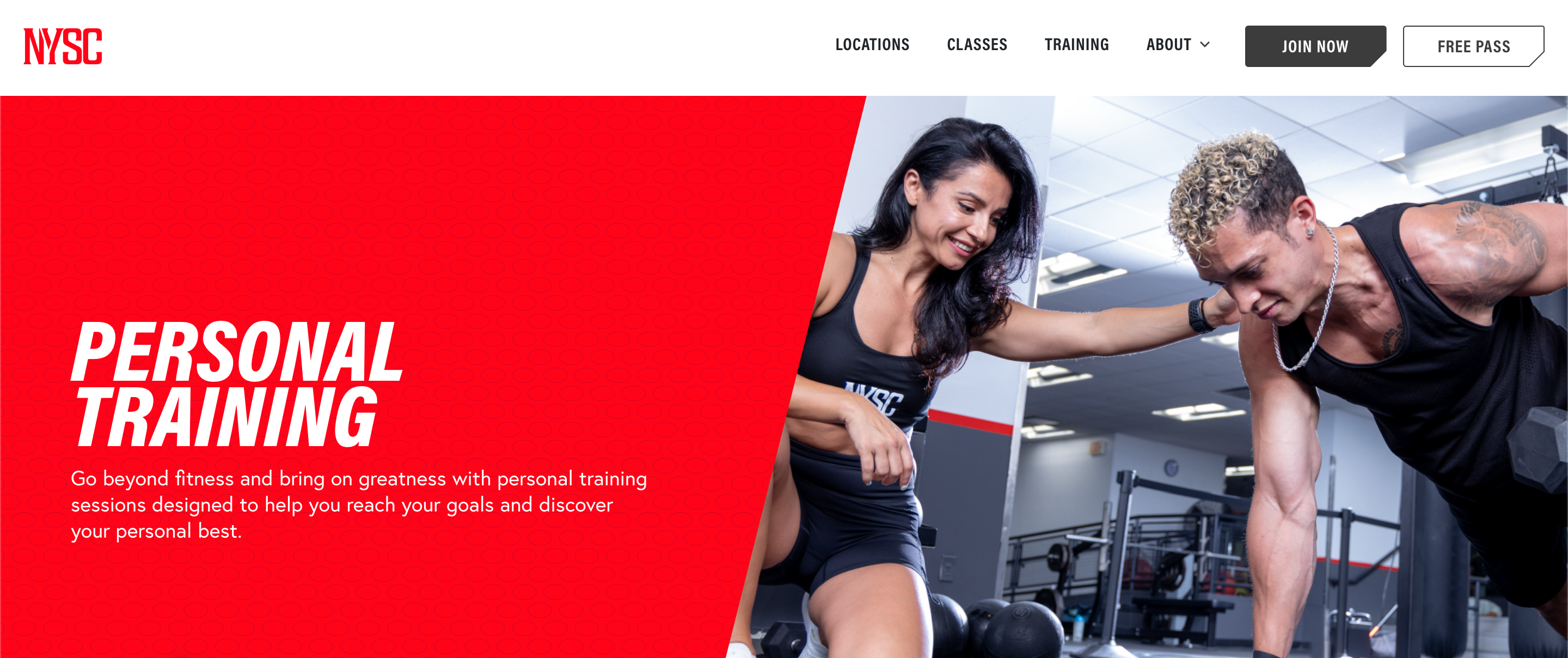 Real image of NYSC Gym website showing a personal trainer assisting a client with weights and bold "Personal Training" text in red.