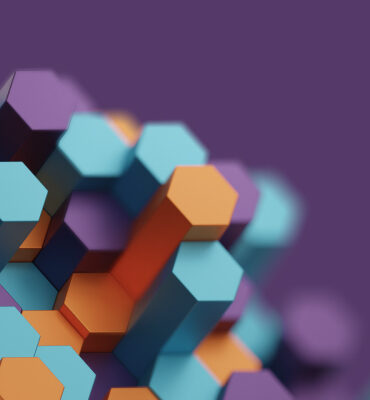 Branding, Web Design & Development for Bloomfire showing colorful 3D hexagonal shapes stacked against a purple background